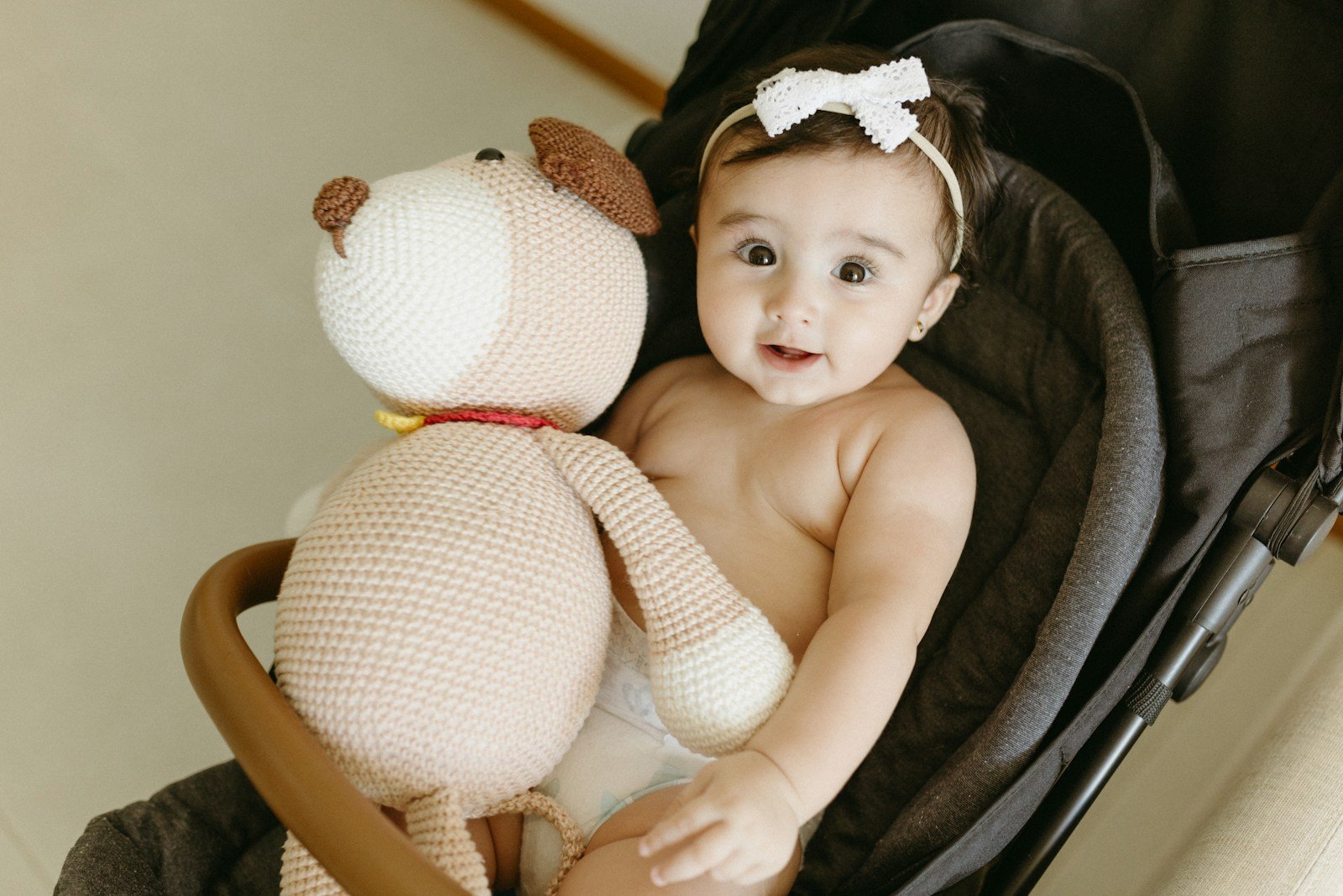 A baby sitting in a stroller with a stuffed animal